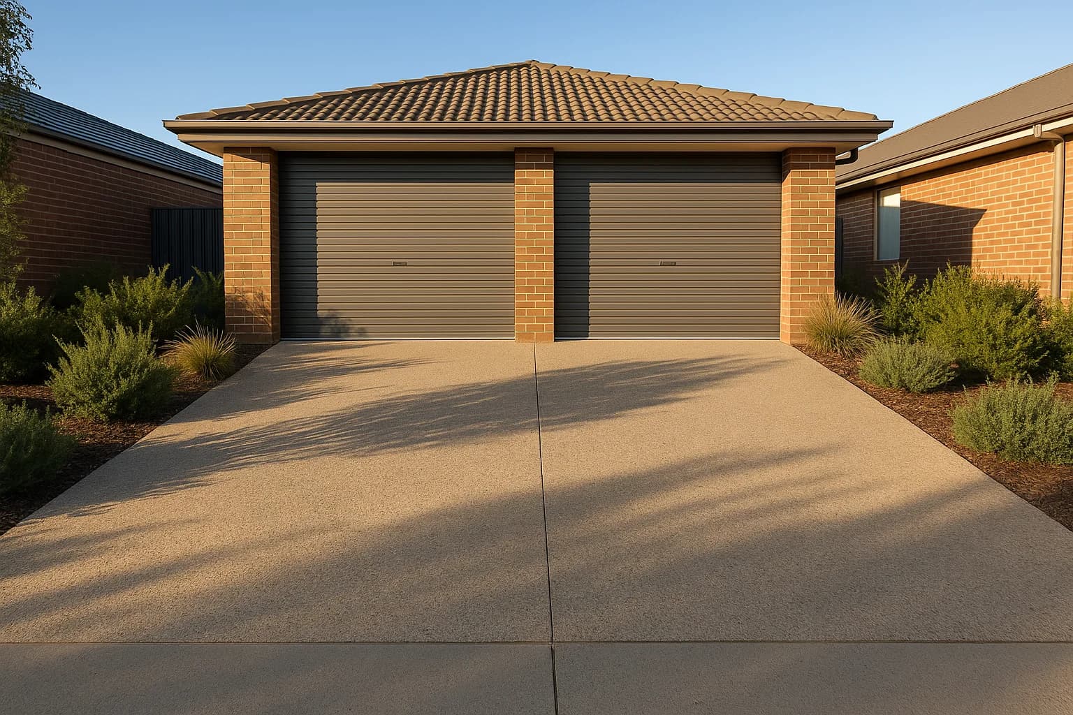 Wide residential driveway leading to a double garage, empty and available