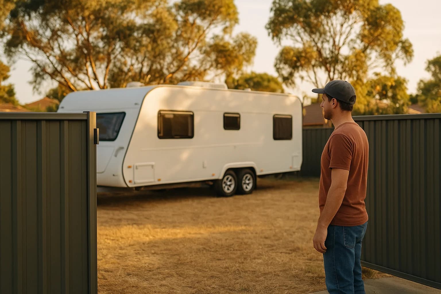 Person at open residential gate looking at their caravan stored safely in the yard