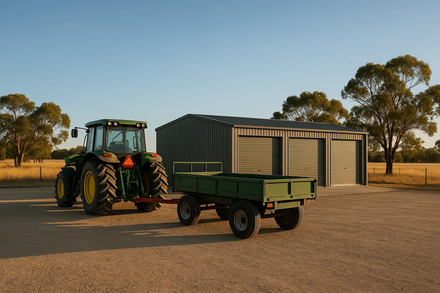 Tractor and trailer stored on a flat gravel hardstand at a rural Australian property