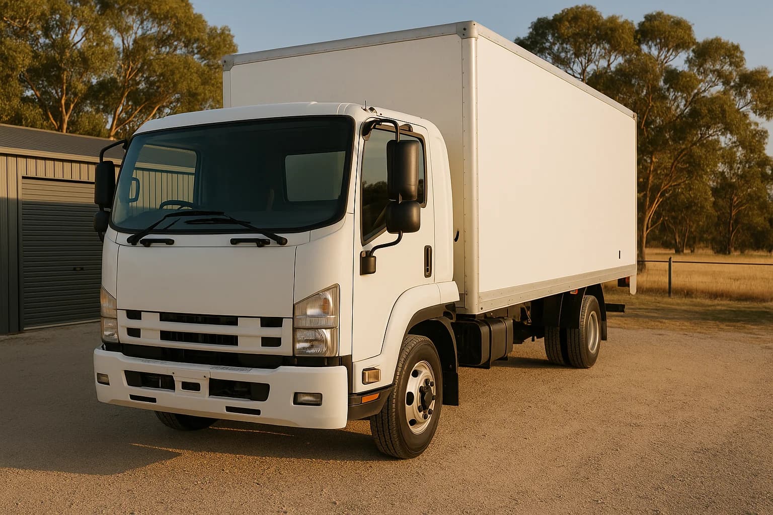 White rigid truck cab parked in a private gravel hardstand yard, owner-operator vehicle storage