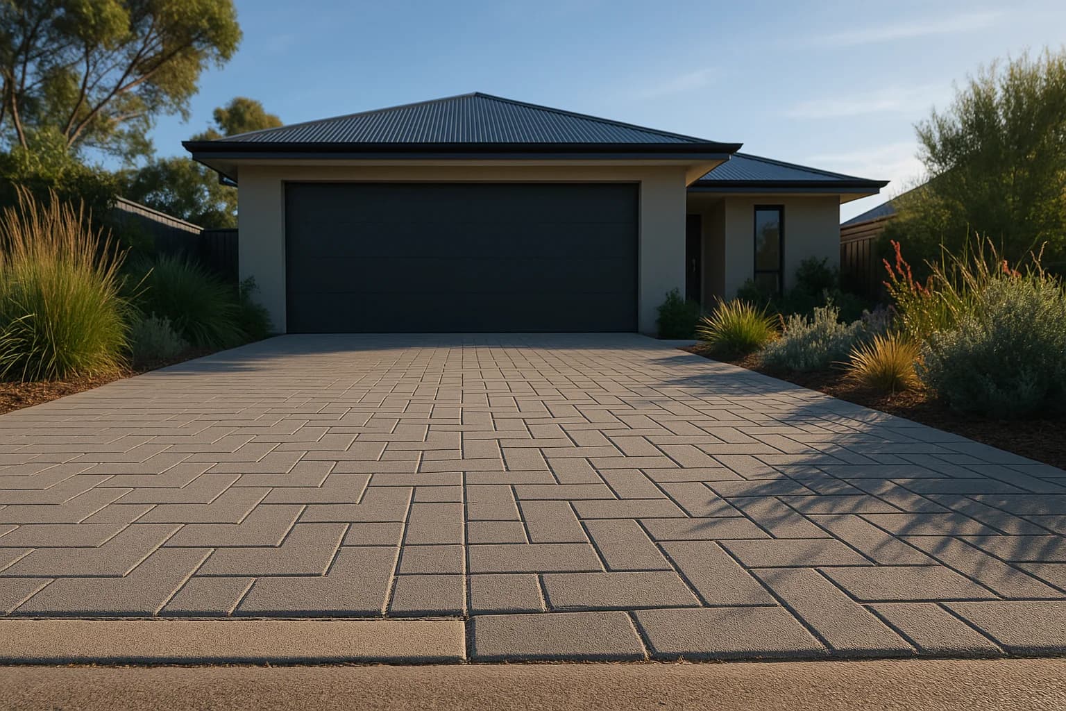 Empty residential driveway in morning light leading to a double garage
