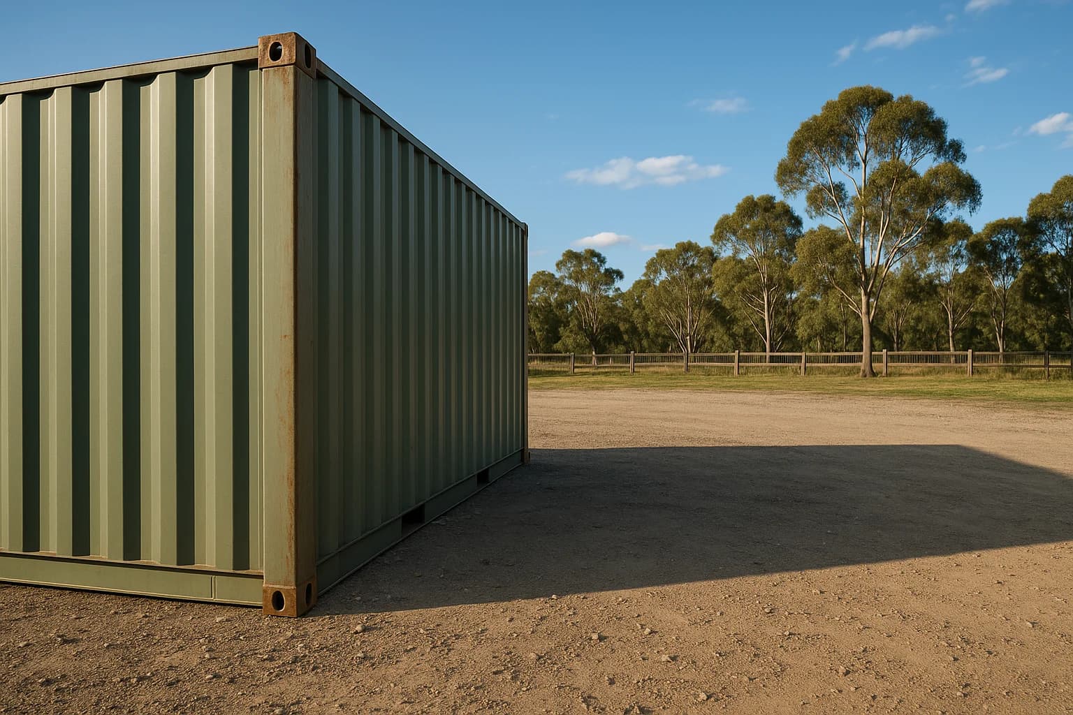 Plain shipping container on a rural Australian property with eucalyptus trees